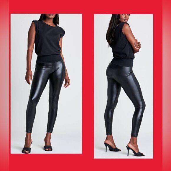 SPANX Assets Women's Black All Over Faux Leather Leggings - Picture 1 of 7
